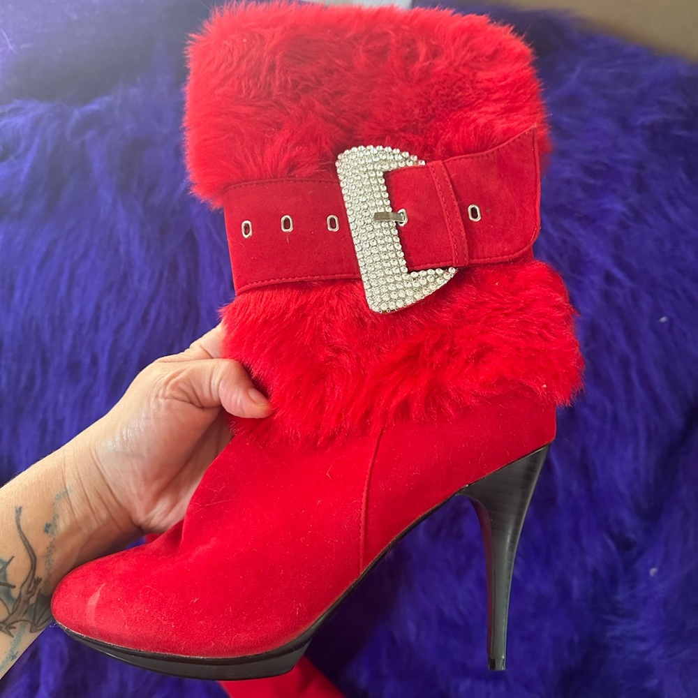 🍀Sexy Red Faux Fur Heeled Boots